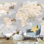 World map wallpaper for kids featuring countries, continents, vintage airplanes and hot-air balloons