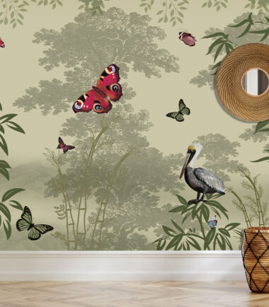 Mural Tropical Wallpaper with Butterflies