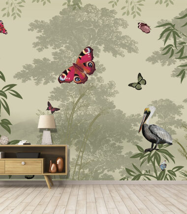 Mural Tropical Wallpaper with Butterflies