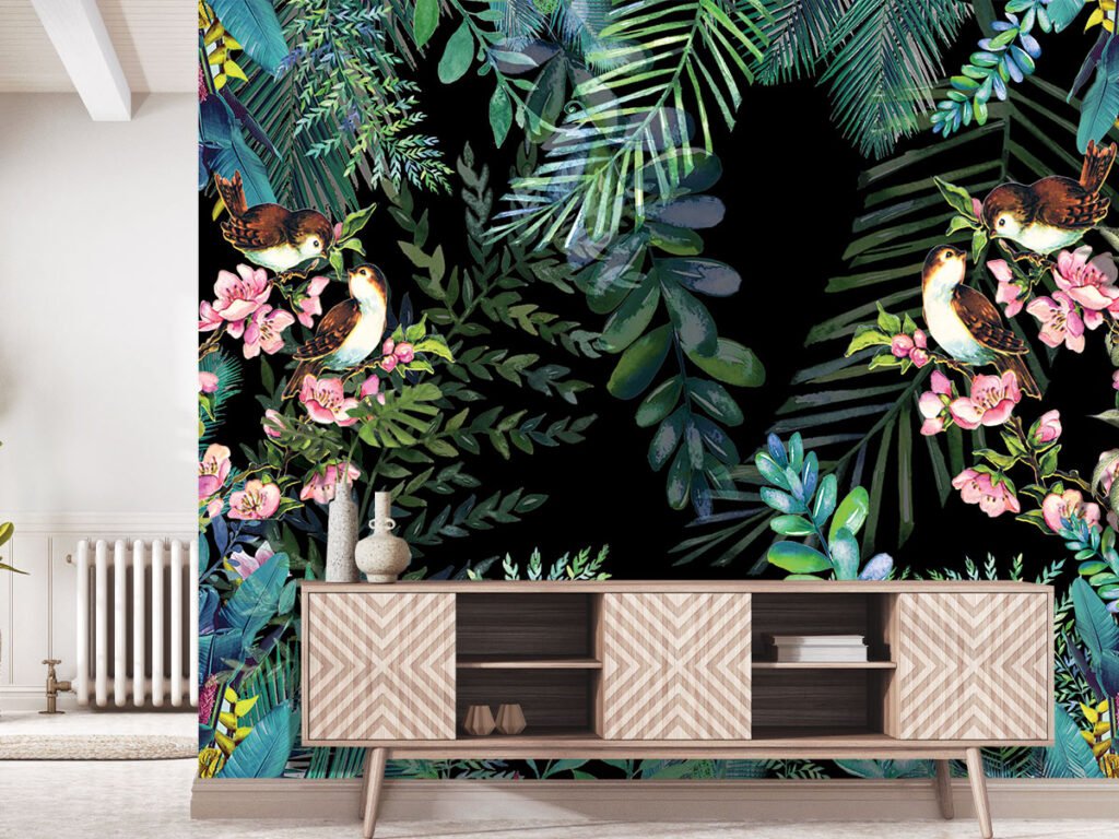 Tropical bird wallpaper featuring birds, lush jungle foliage, palm leaves and pink flowers on a dark background