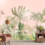 Pink tropical wallpaper featuring lush green foliage, tropical birds, butterflies and botanical leaves