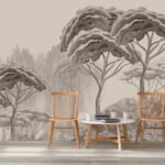 Premium Mystical Forest wallpaper featuring misty woodland trees, layered forest landscapes, and monochrome nature artwork for living rooms, bedrooms, hotels, offices, and Scandinavian-inspired interiors.