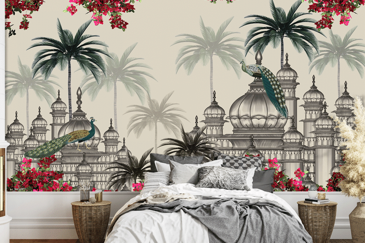 Peacock wallpaper featuring Mughal palace architecture, domes, palm trees and pink flowers