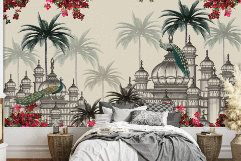 Peacock wallpaper featuring Mughal palace architecture, domes, palm trees and pink flowers