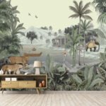 Luxury jungle wallpaper featuring tropical palm trees, lush botanical foliage, elephants, deer, exotic birds, rivers, and mountain landscapes for living rooms, hotels, resorts, and luxury interiors.