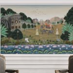 Luxury Mughal Scenery wallpaper featuring a royal elephant procession, palace architecture, lotus pond, lush gardens, birds, and heritage landscapes for living rooms, hotels, restaurants, and luxury interiors.