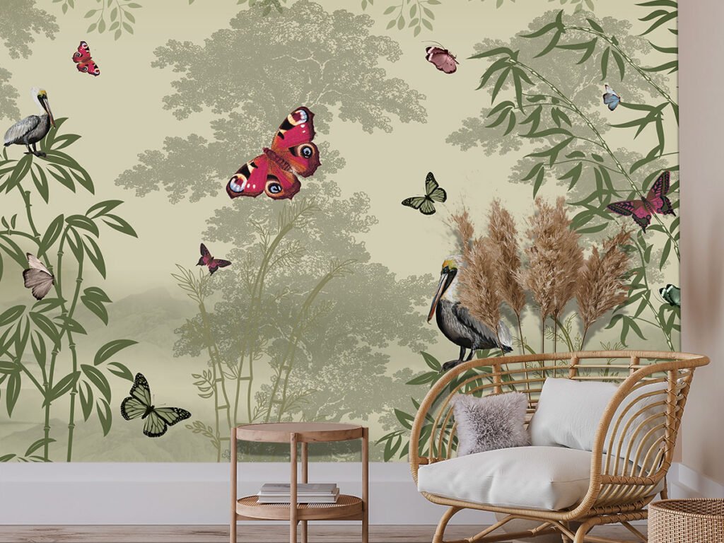 Tropical wallpaper with colourful butterflies, birds and lush botanical foliage on a sage green background for a luxury interior.