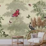 Tropical wallpaper with colourful butterflies, birds and lush botanical foliage on a sage green background for a luxury interior.