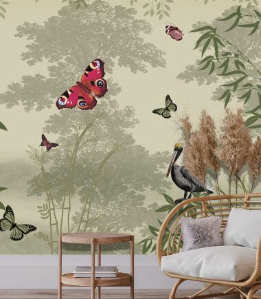 Mural Tropical Wallpaper with Butterflies