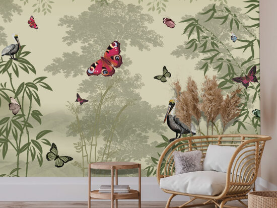 Mural Tropical Wallpaper with Butterflies