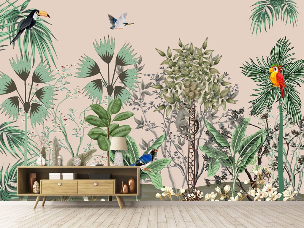 Tropical botanical wallpaper featuring lush green foliage, palm leaves, flowers and colourful birds
