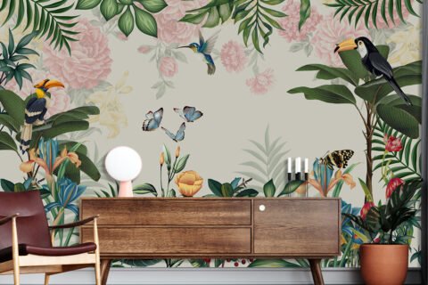 Tropical wallpaper featuring exotic birds, butterflies, pink flowers and lush green botanical foliage