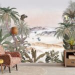 Tropical scenery wallpaper featuring palm trees, mountains, birds and lush foliage in a soft natural landscape