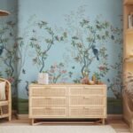 Luxury Chinoiserie wallpaper featuring blue birds, flowering botanical vines, butterflies, and a soft sky blue background for elegant living rooms, bedrooms, and designer interiors.