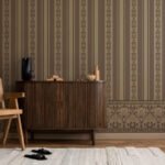 Premium stripes wallpaper featuring heritage floral vertical stripes in warm brown and taupe tones for bedrooms, living rooms, hotels, offices, and luxury interiors.