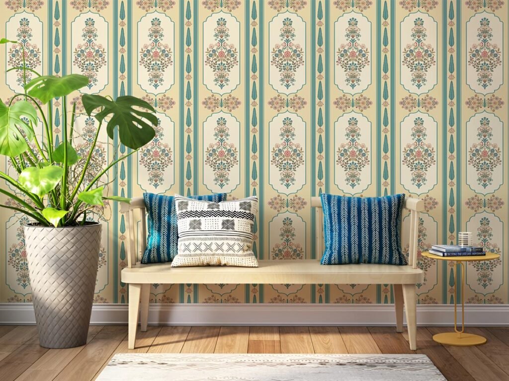 Luxury Jaipur wallpaper featuring floral medallions, Mughal-inspired frames, turquoise heritage accents, and traditional Indian botanical motifs for living rooms, bedrooms, hotels, and heritage-inspired interiors.