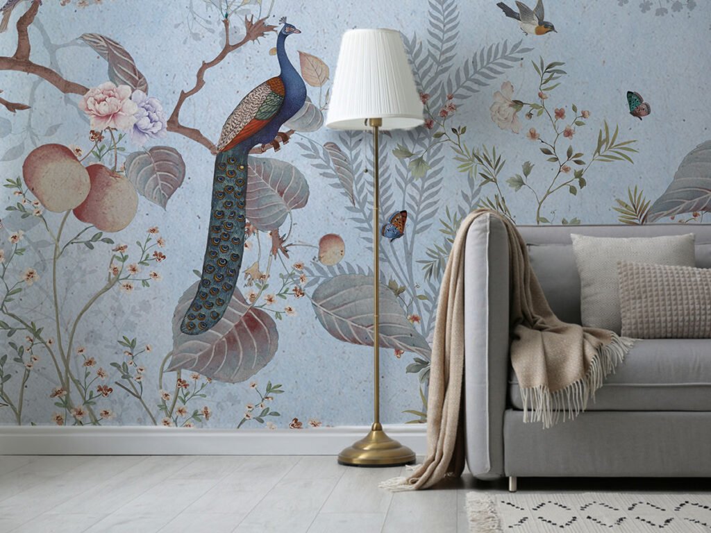 Luxury peacock wallpaper featuring botanical leaves, blooming flowers, butterflies, and elegant birds on a soft pastel blue background for living rooms and bedrooms.