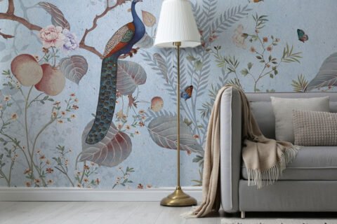Luxury peacock wallpaper featuring botanical leaves, blooming flowers, butterflies, and elegant birds on a soft pastel blue background for living rooms and bedrooms.