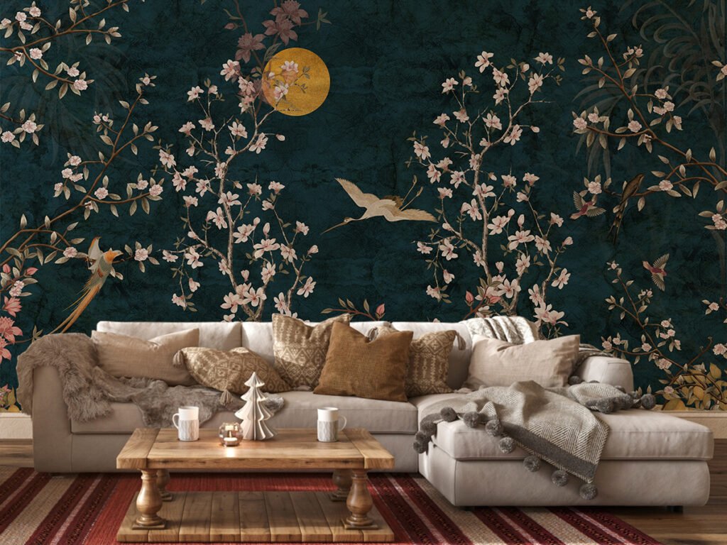 Luxury Chinoiserie wallpaper featuring cherry blossom branches, elegant cranes, birds, and a golden moon on a rich teal background for living rooms and luxury interiors.