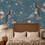 Flower and Peacock on Blue Background Chinoiserie Wallpaper