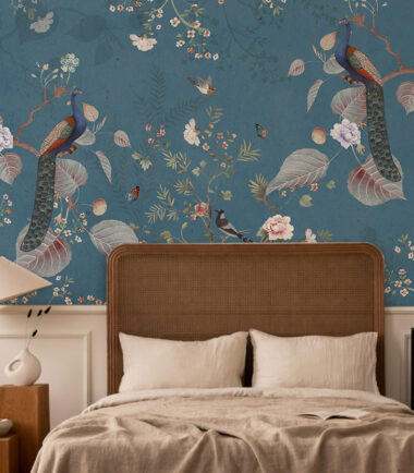 Flower and Peacock on Blue Background Chinoiserie Wallpaper