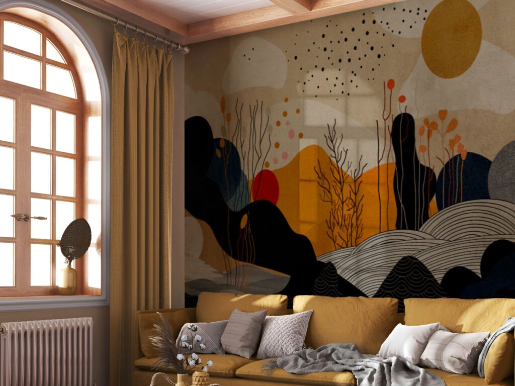 Abstract landscape wallpaper featuring artistic hills, organic shapes, trees, and earthy tones for modern living rooms, bedrooms, and luxury interiors.