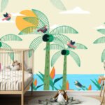 Kids wallpaper featuring tropical palm trees, colourful birds, sunshine, and jungle scenery for nursery and children's bedroom interiors.