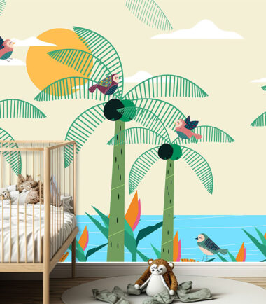 Kids Palm Tree & Birds Wallpaper