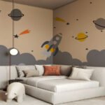 Kids space rocket wallpaper with planets and stars for nursery bedroom”