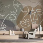 Modern abstract face wallpaper featuring minimalist line art in earthy neutral tones for living rooms, bedrooms, and contemporary interiors.