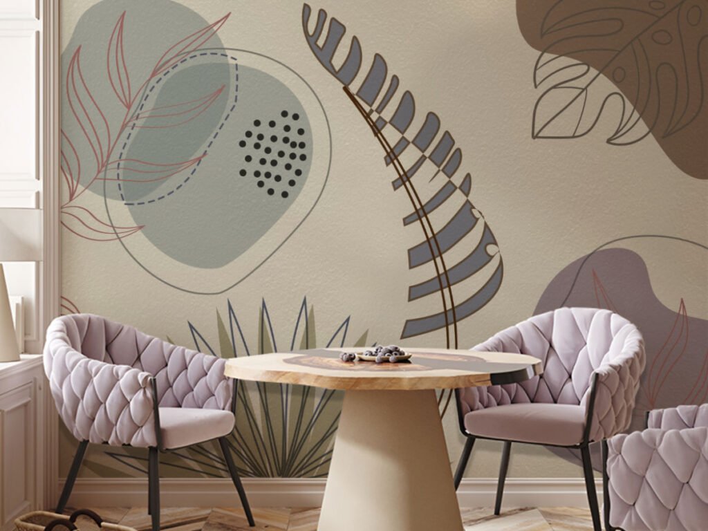 Modern botanical abstract wallpaper featuring oversized leaf illustrations, geometric shapes, and earthy neutral tones for living rooms, dining rooms, and contemporary interiors.