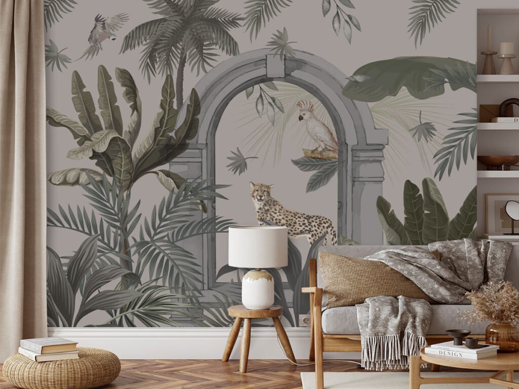 Green Tropical with Leopard Wallpaper
