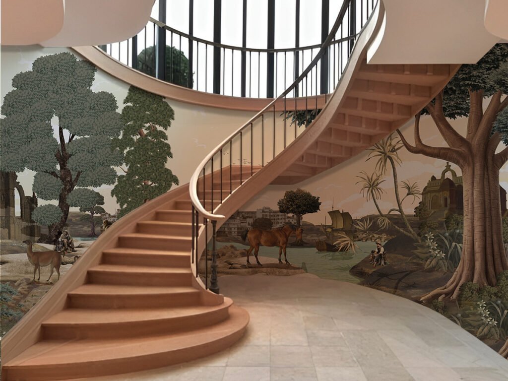 Luxury heritage wallpaper featuring scenic landscapes, wildlife, and trees for staircase walls, living rooms, and elegant interiors.