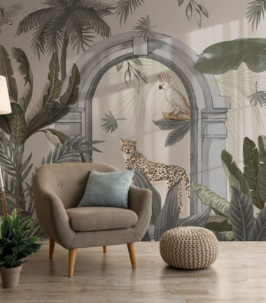 Green Tropical with Leopard Wallpaper