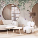Luxury botanical wallpaper with green leaves and butterflies for modern living room interiors.