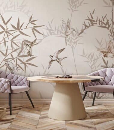 Embroidery style botanical bird wallpaper with stitched bamboo branch design