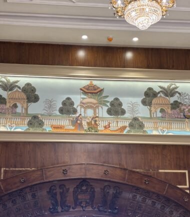 Embroidery style heritage wall mural with Indian palace and garden artwork