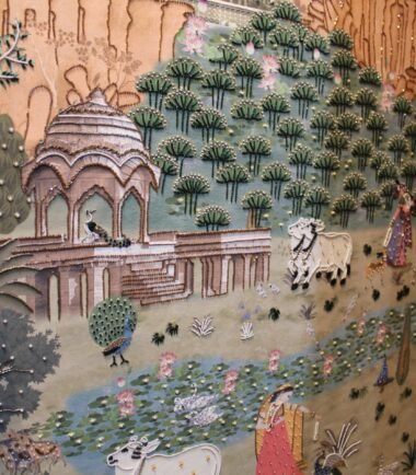 Embroidery style wallpaper with stitched texture for luxury interiors