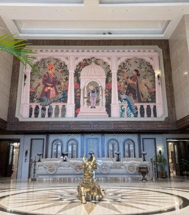 Embroidery style royal heritage wall mural with Indian palace art and peacock design